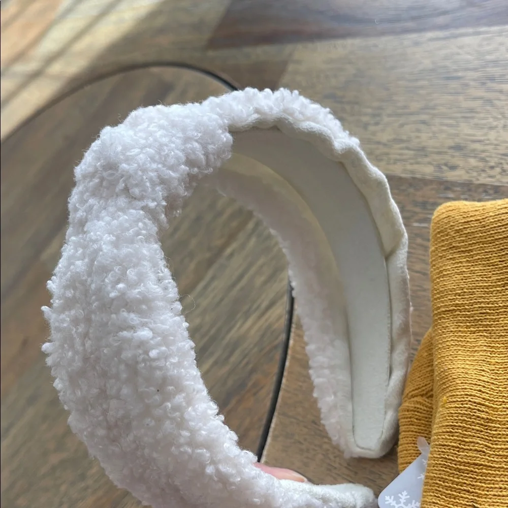 Snowman‎ Beanie Mustard Knit Hat and White Headband Winter Accessory Bundle